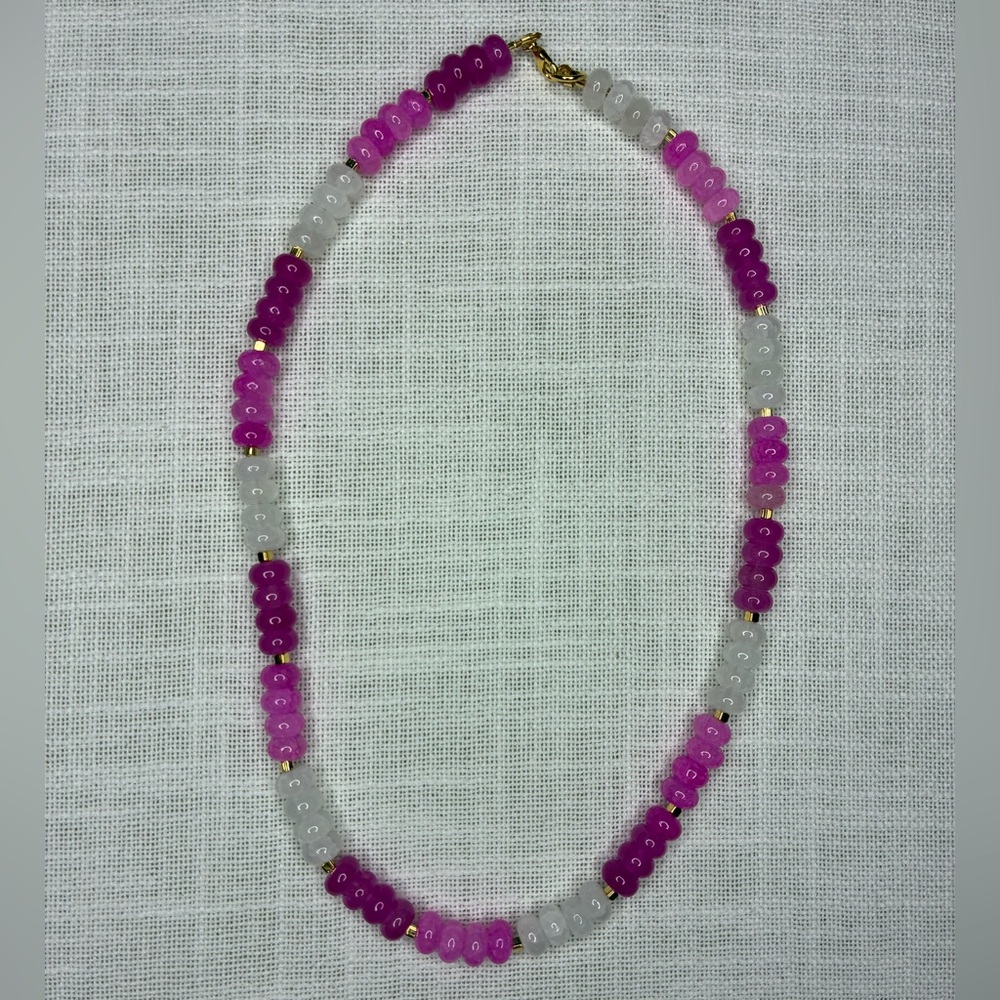Chic Pink and White Beaded Necklace With 24K Gold Plated Spacer Beads